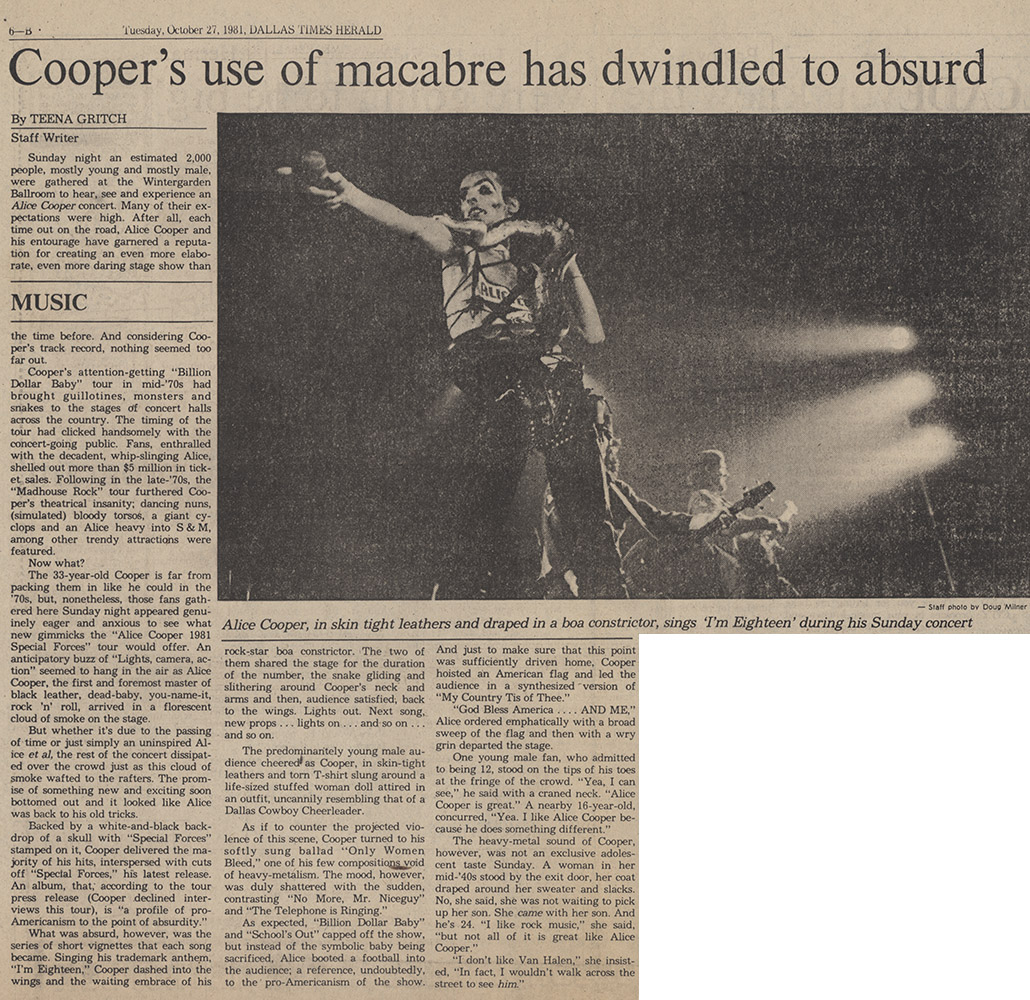 Dallas Times Herald: October 27, 1981 - Alice Cooper eChive